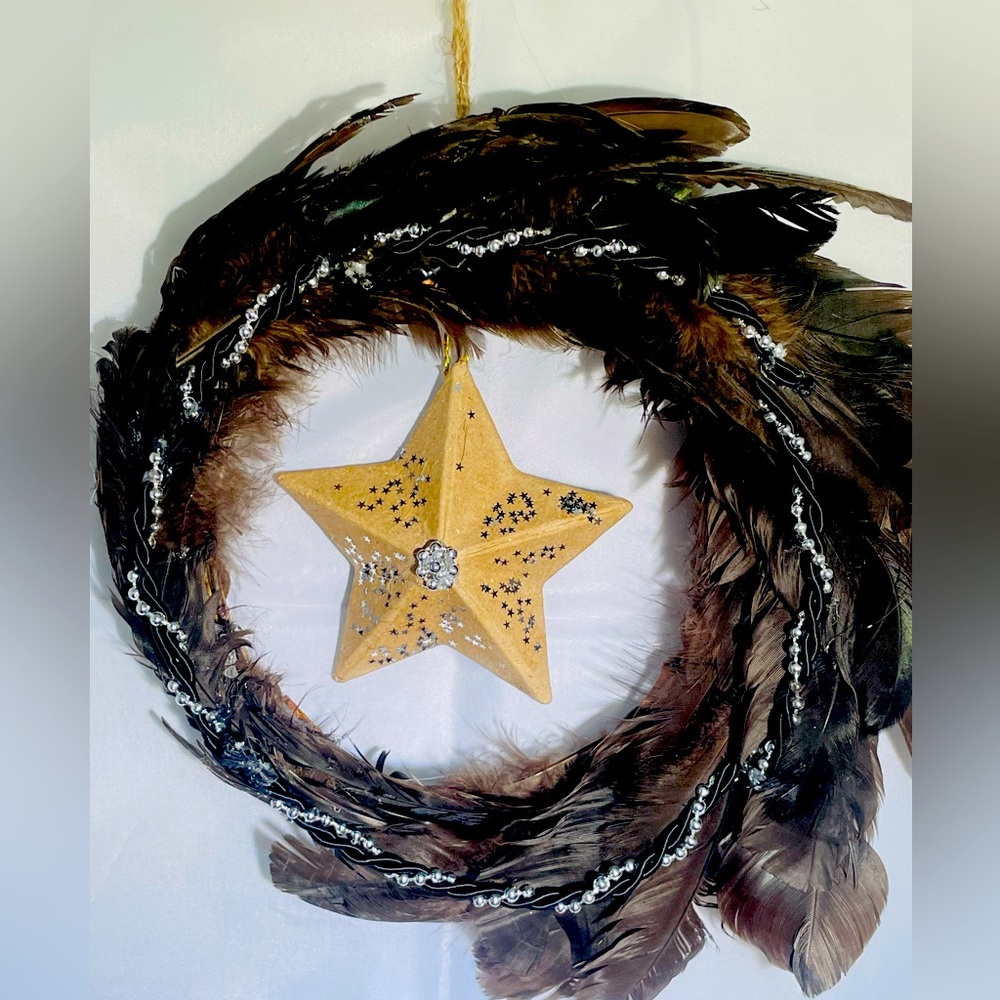 Handcrafted Wreath. Make a Wish! Asymmetrical Feather wreath with Star inset.